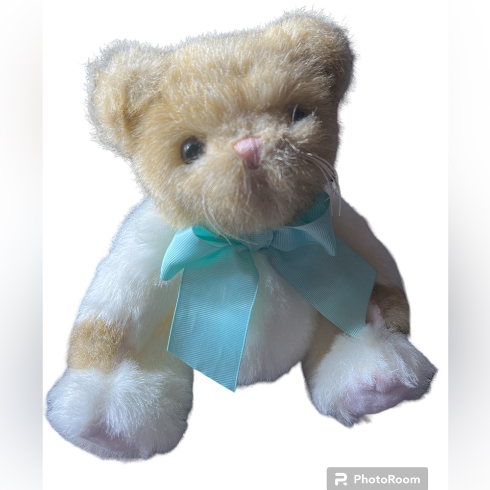 The Bearington Collection 11” Brown & White Plush Jointed Teddy Bear Blue Bow